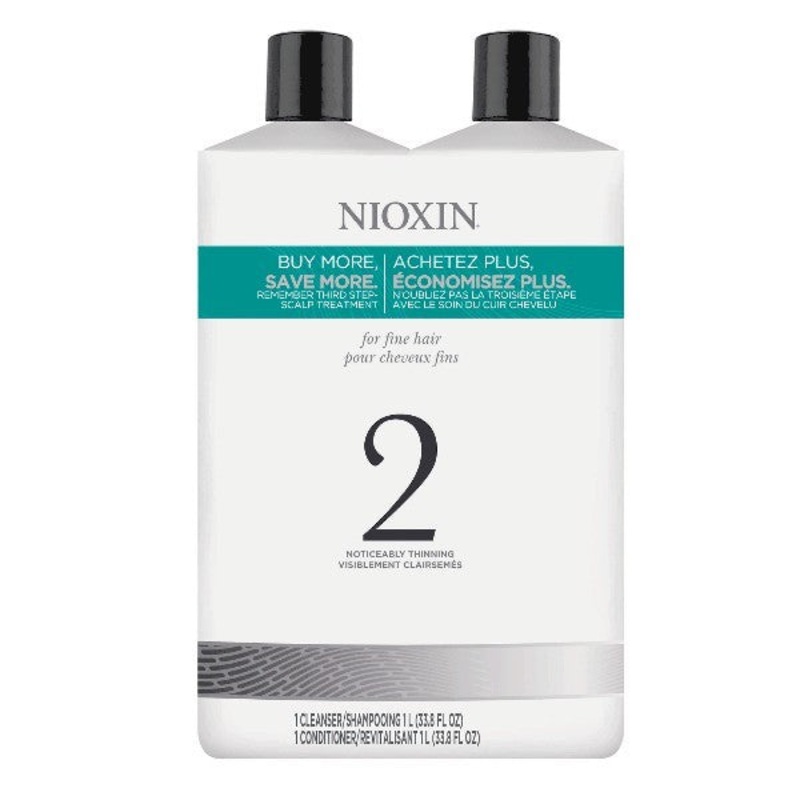 Nioxin System 2 Cleanser & Scalp Therapy Liter Duo by Nioxin 33.8 Oz. Shampoo & Conditioner For Women (For Fine, Noticeably Thinning Hair)