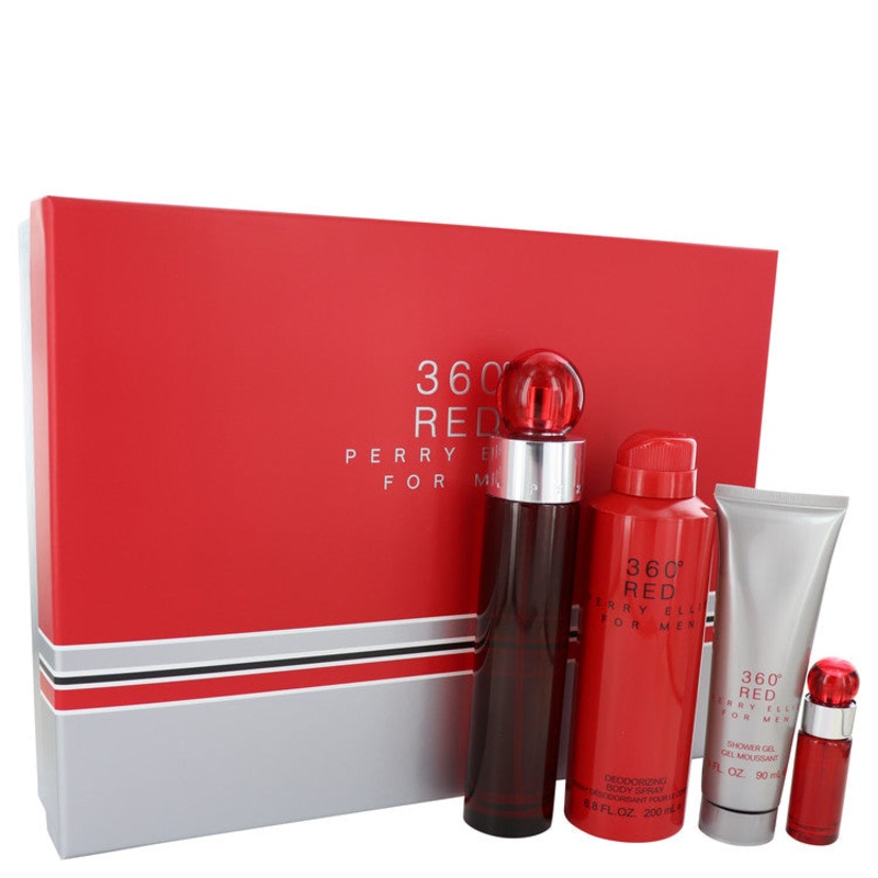 Perry Ellis 360 Red by Perry Ellis Gift Set For Men Gift Set -- 3.4 oz Eau De Toilette Spray + .25 oz Mini EDT Spray + 6.8 oz Body Spray + 3 oz Shower Gel