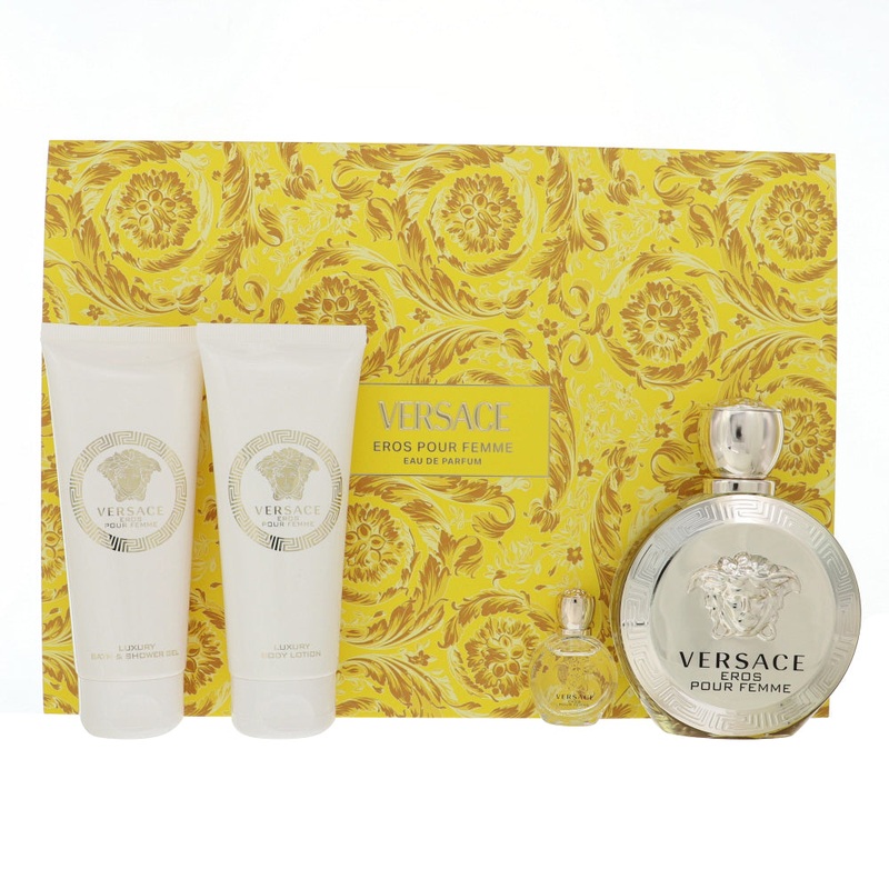 Versace Eros Pour Femme By Versace Perfume 4 Piece Gift Set - 3.4 Oz Edp Spray, 0.17 Oz Edp Spray, 3.4 Oz Bath & Shower Gel, 3.4 Oz Body Lotion For Women - Gift Set