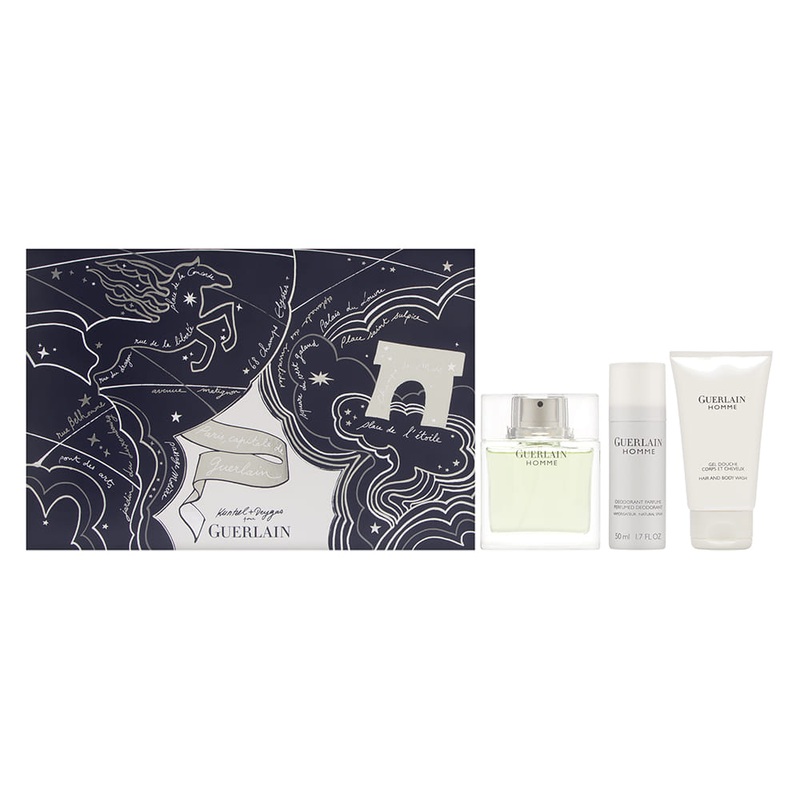 Guerlain Homme by Guerlain for Men 3 Piece Set Includes: 2.7 oz Eua de Toilette Spray + 2.5 oz Hand & Body Wash + 1.7 oz Perfumed Deodorant
