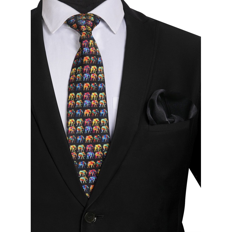 Chokore Multi-colour Elephants Silk Tie - Wildlife range & Printed Pure Silk Pocket Square set