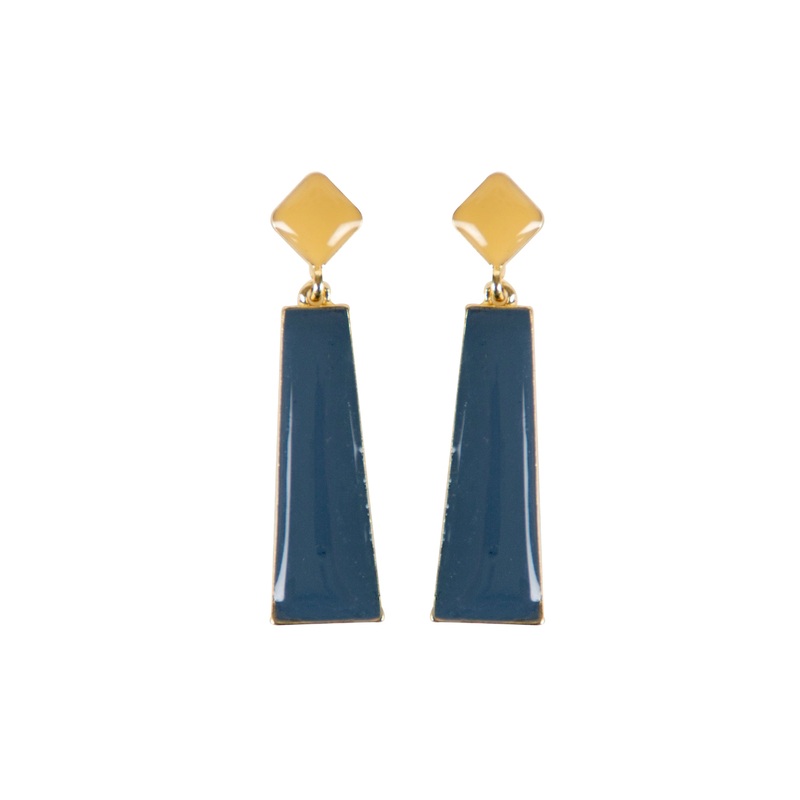 Blue & Beige Enamel Drop Earring, Gold tone