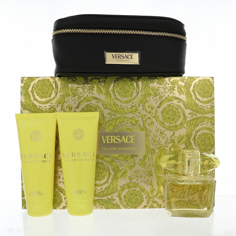 Perfume Versace Yellow Diamond 4Pcset 3.0  EDT Spray / 3.4 Oz Bl / 3.4 Oz Sgel / Designer Pouch for Women