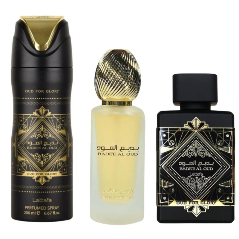 Lattafa Bade'e Al Oud For Glory 3PCS Gift Set - 100ML EDP Spray + 200ML Perfumed Spray + 50ML Hair Mist (Unisex)
