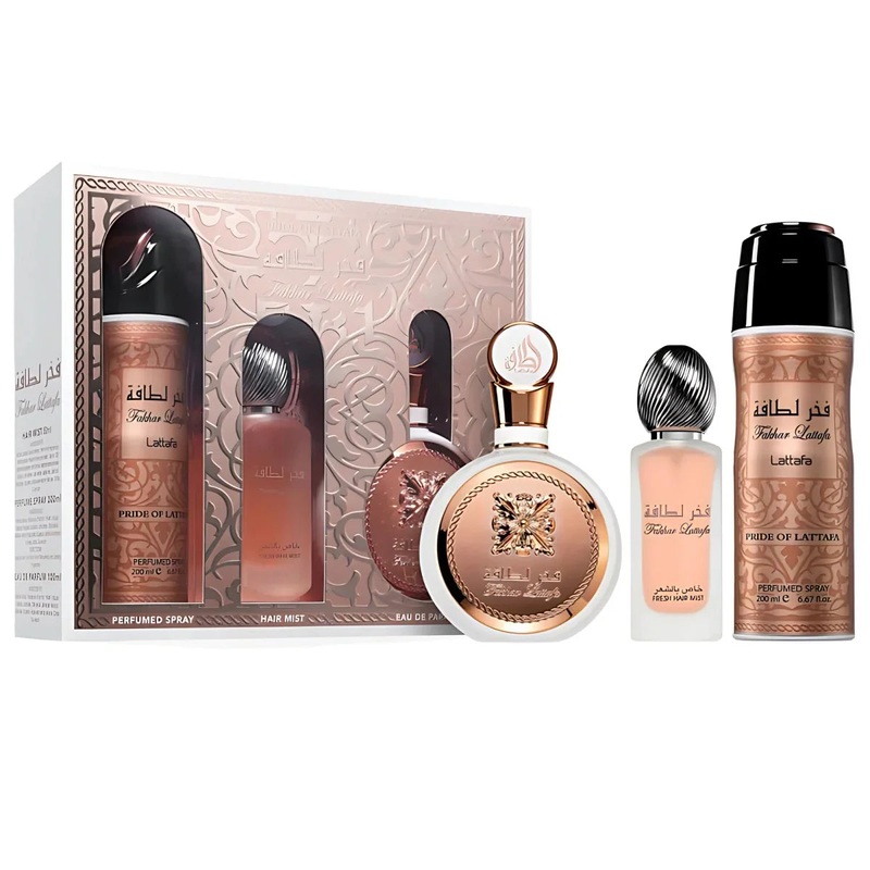 Lattafa Fakhar Rose 3PCS Gift Set - 100ML EDP Spray + 200ML Perfumed Spray + 50ML Hair Mist (Women)