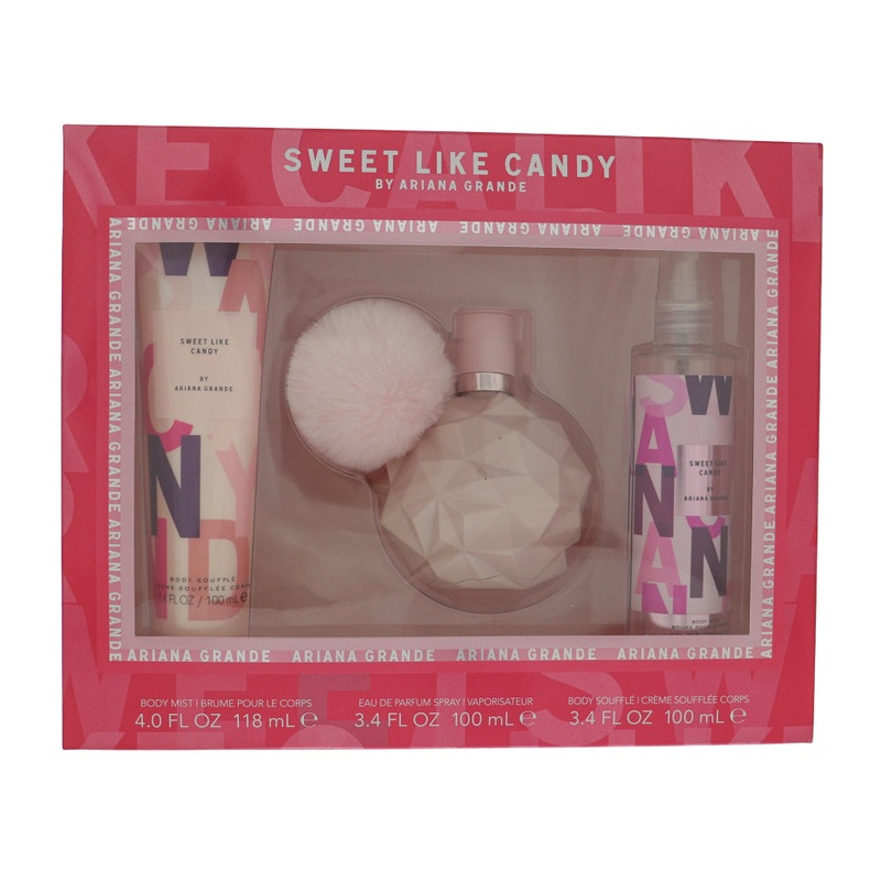 Sweet Like Candy By Ariana Grande Perfume 3 Piece Gift Set - 3.4 Oz Edp Spray, 4.0 Oz Body Mist, 3.4 Oz Body Souffle For Women - Gift Set