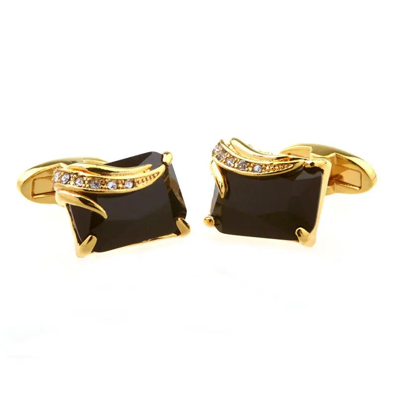 Black Crystal & Gold Wave Brass Cufflinks  Luxurious Formal Wear