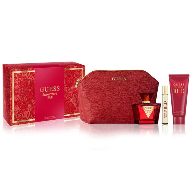 Guess Seductive Red EDT Gift Set for Women (4PC) 75mL EDT + 100mL body lotion + 15mL travel spray + Pouch