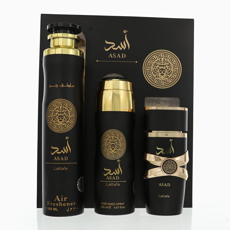 Asad By Lattafa Cologne 3 Piece Gift Set - 3.4 Oz Edp Spray, 6.67 Oz Perfumed Spray, 10.0 Oz Air Freshener For Men - Gift Set