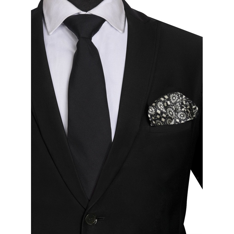 Chokore Black color Plain Silk Tie & Black and White silk pocket square set
