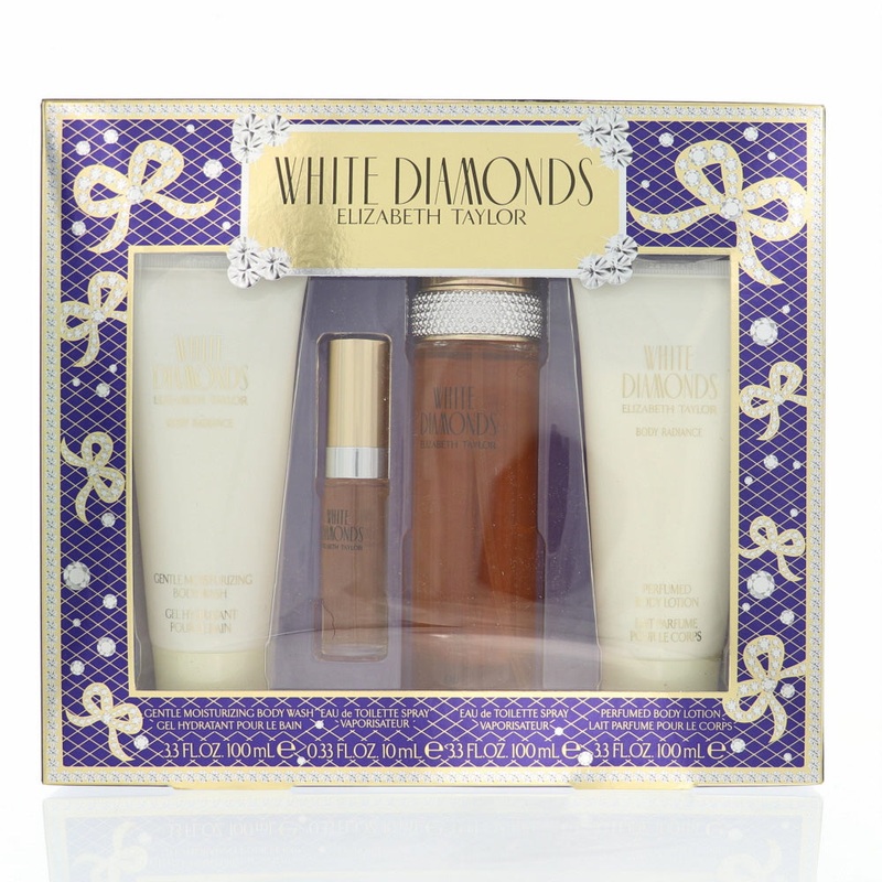 White Diamonds By Elizabeth Taylor Perfume 4 Piece Gift Set - 3.3 Oz Edt Spray, 0.33 Oz Edt Spray, 3.3 Oz Perfumed Body Lotion, 3.3 Oz Gentle Moisturizing Body Wash For Women - Gift Set