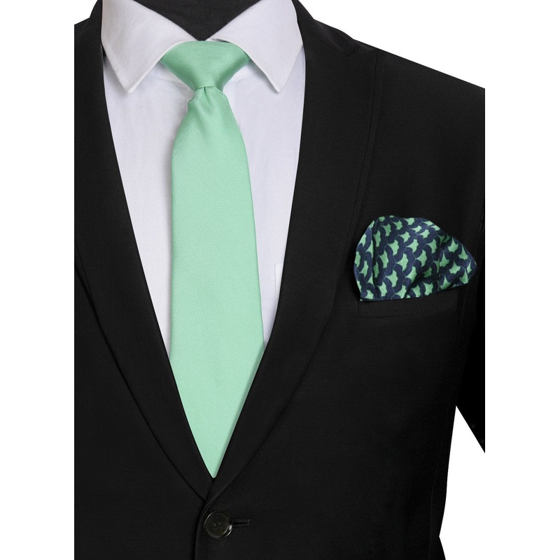 Chokore Sea Green color Silk Tie & Light Sea Green & Navy Blue Silk Pocket Square set