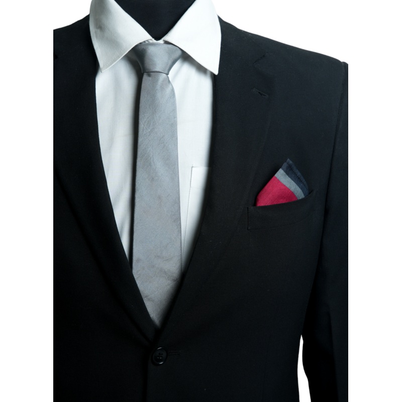 Chokore Garnet - Pocket Square & Chokore Dark Grey Twill Silk Tie - Solids line