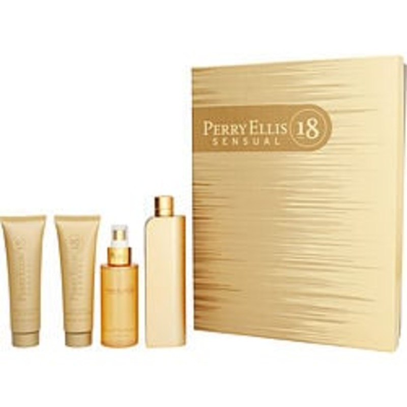 Perry Ellis 18 Sensual 4 Pc Set EDP Spray 3.4, Bl 3.0, Sg 3.0, Bm 4.0 Oz Perfume by Perry Ellis for Women