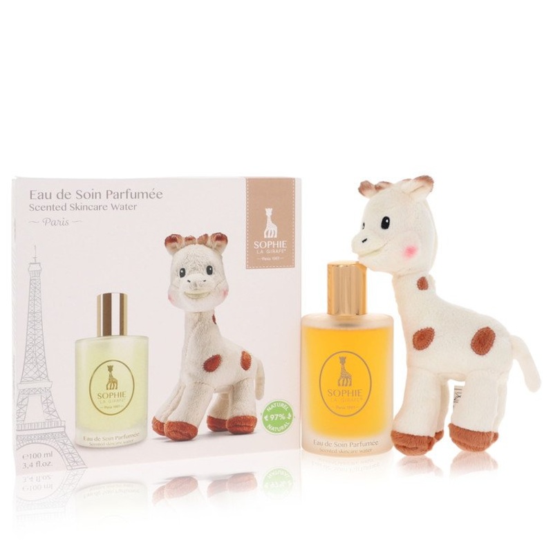 Sophie La Girafe Eau de Soin Parfumee by Sophie La Girafe Gift Set -- 3.4 oz Scented Skincare Water (Alcohol-Free) + 1 Sophie La Girafe Soft Toy for Women - Premium Designer Fragrance