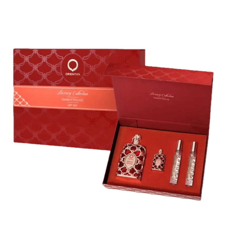 Orientica Amber Rouge EDP Gift Set (4PC) 80mL + 7.5mL Miniature  + 2x10 mL Travel spray)