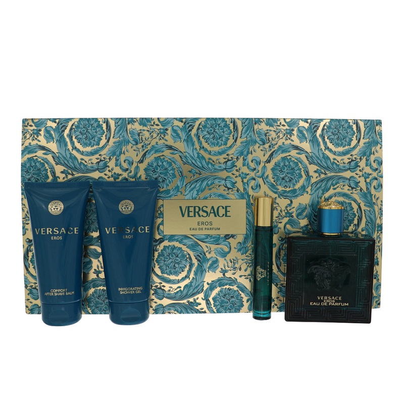 Versace Eros By Versace Cologne 4 Piece Gift Set - 3.4 Oz Edp Spray, 0.3 Oz Edp Spray, 2.5 Oz Invigorating Shower Gel, 2.5 Oz Comfort After Shave Balm For Men - Gift Set