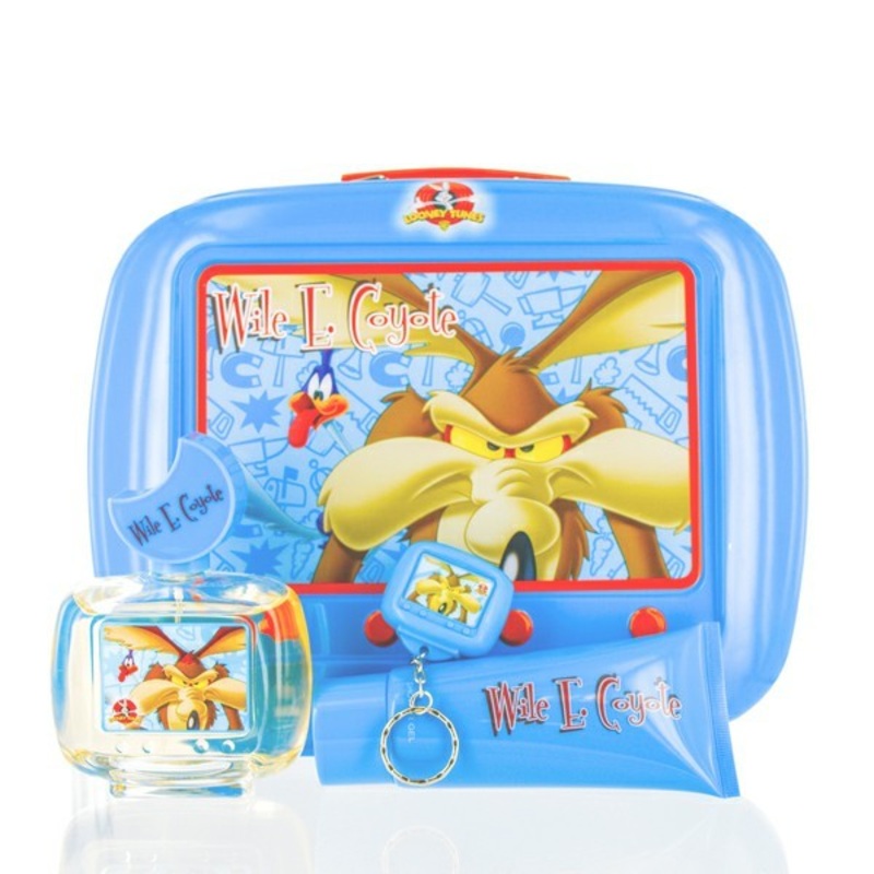 Wile E. Coyote by Looney Tunes 4 Piece Gift Set: 3.4 Oz Eau De Toilette Spray + 3.4 Oz Shower Gel + Wile E. Coyote Key Chain + Wile E. Coyote Tin Lunch Box. For Men