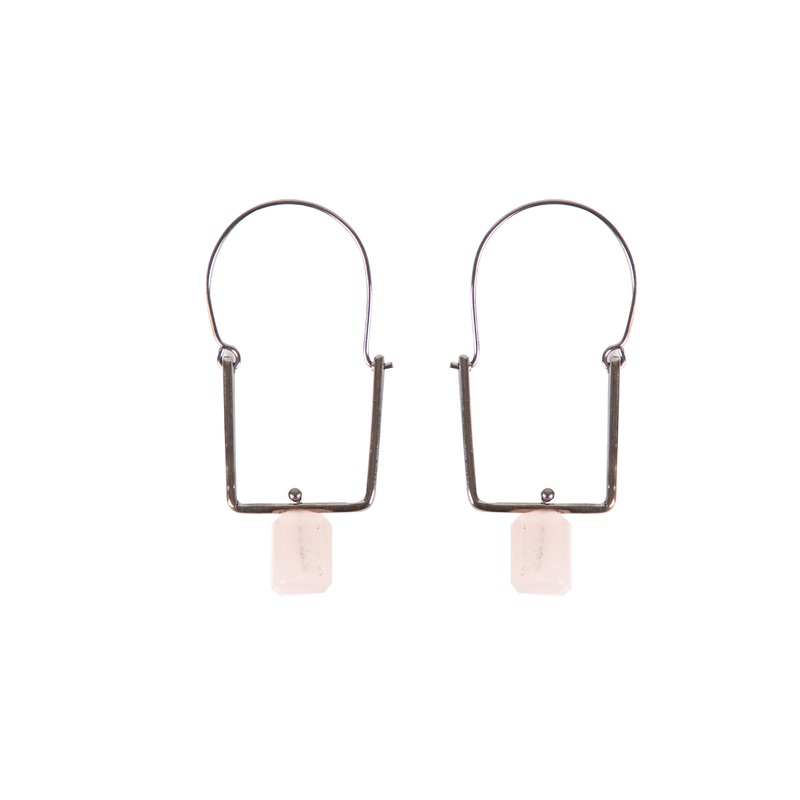 Square Hoops with Pink Quartz, Gun metal tone. Handmade