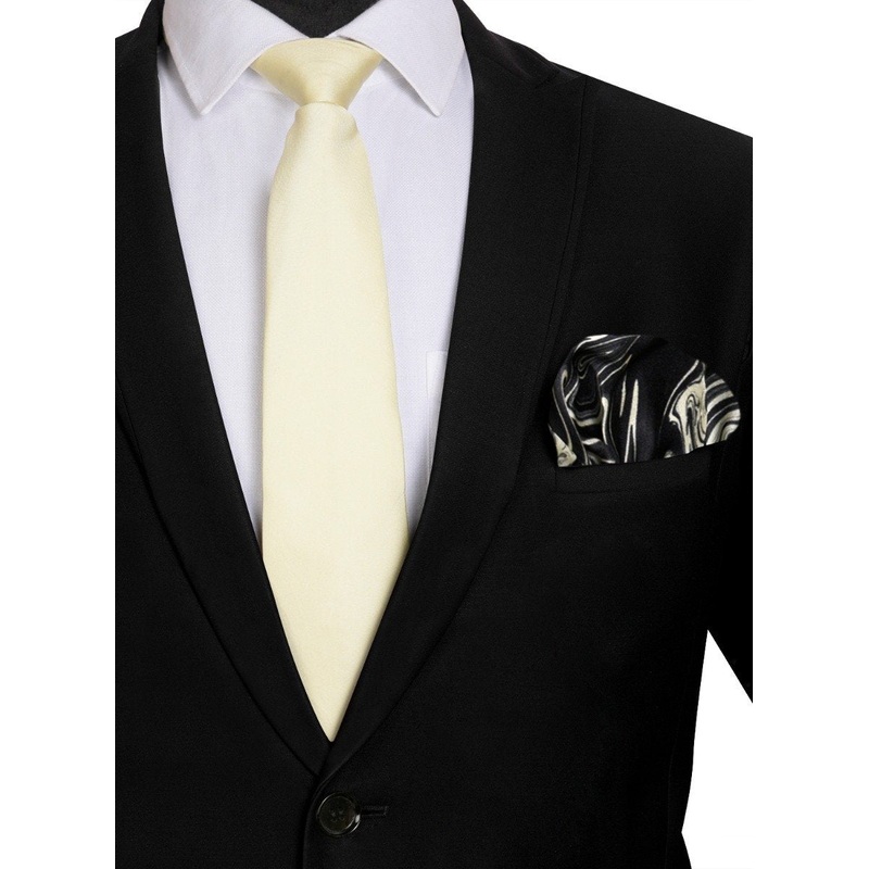 Chokore Off White color Plain Silk Tie & Off White and Black color silk pocket square set