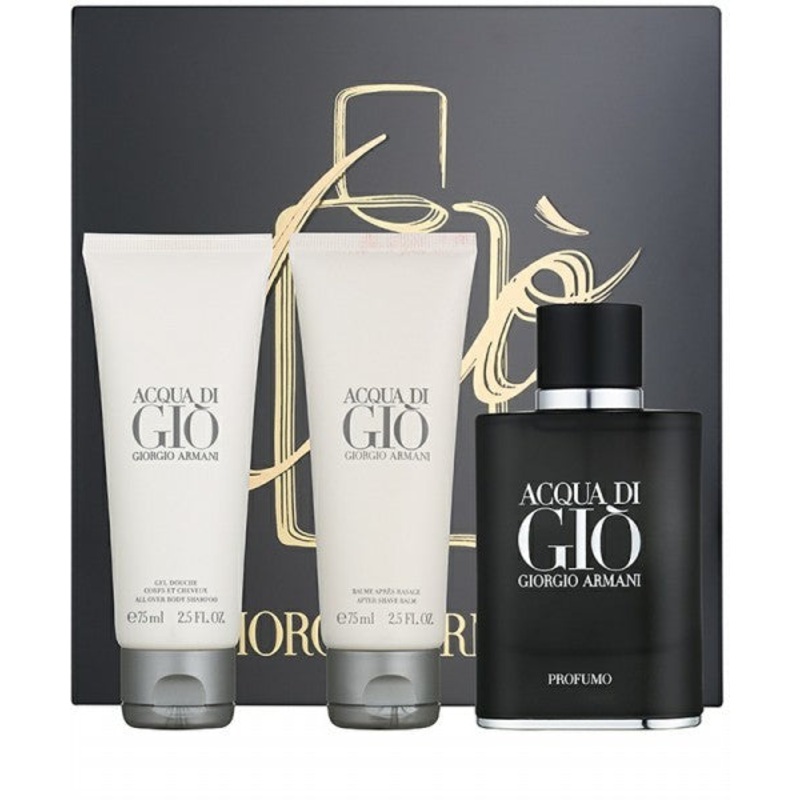 Acqua di Gio Profumo Gift Set by Giorgio Armani 3 Piece Gift Set: 2.5 Oz Eau De Parfum Spray + 2.5 Oz After Shave Balm + 2.5 Oz All Over Body Shampoo. For Men