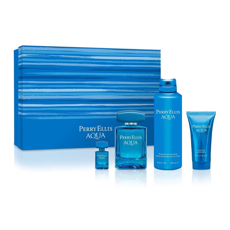 Perry Ellis Aqua EDT Gift Set for Men (4PC) 100mL +  170g body spray + 50mL shower gel + 7.5mL mini