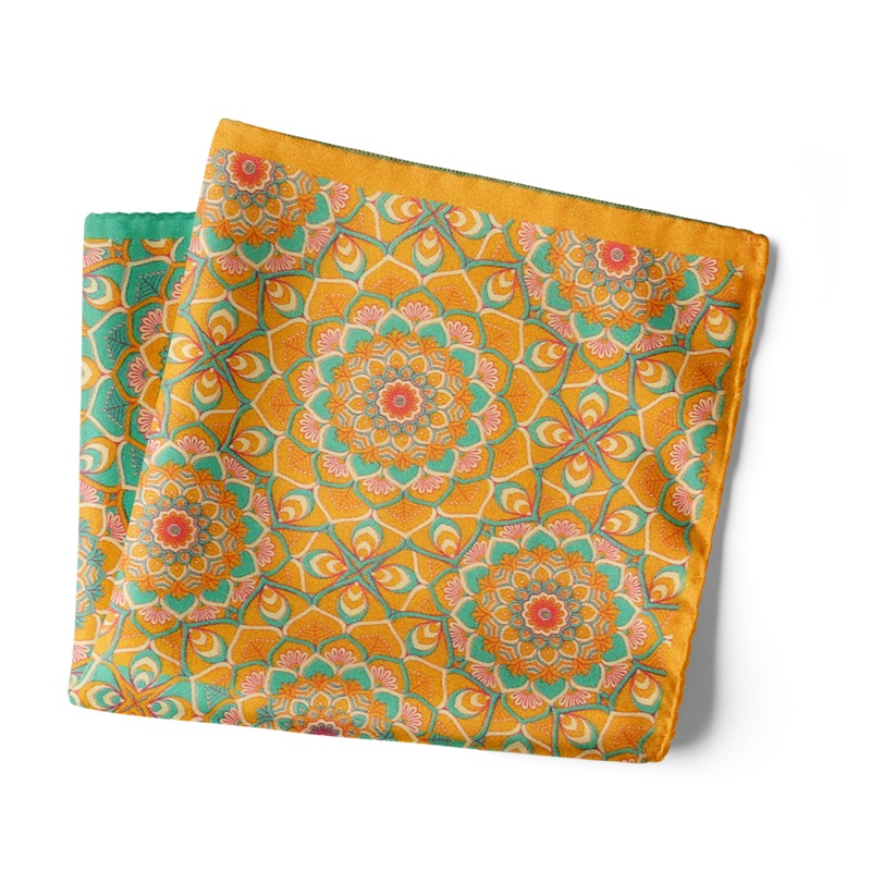 Chokore Mens Silk 2-in-1 Pocket Square Indian At Heart Line (Sea Green and Orange) 13.513.5