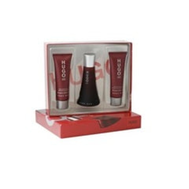 Deep Red Gift Set by Hugo Boss 3 Piece Gift Set: 1.6 oz Eau de Parfum Spray + 2.5 oz Body Lotion + 2.5 oz Shower Gel for Women