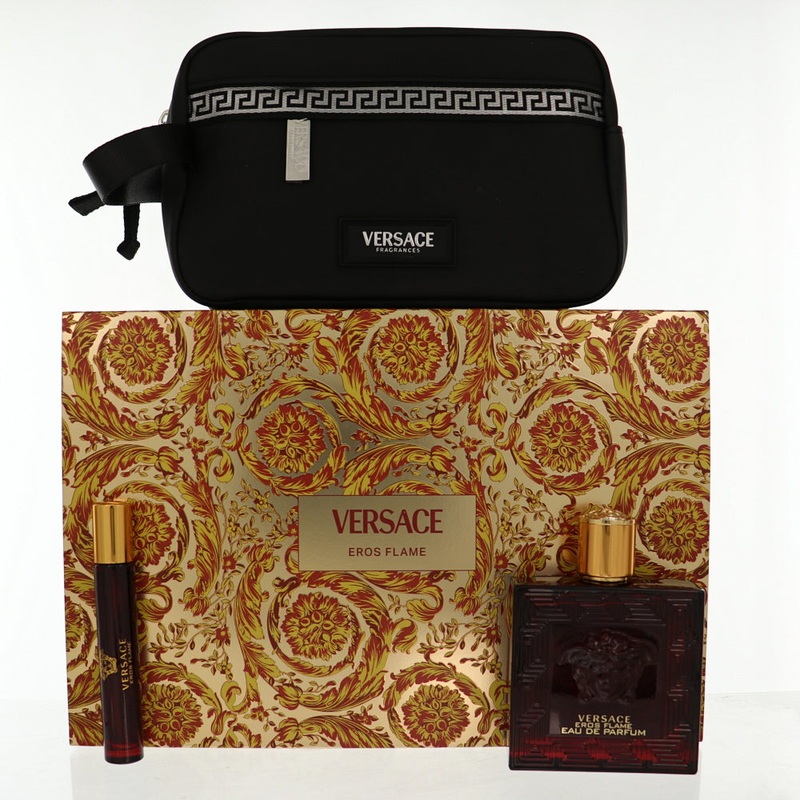 Versace Eros Flame By Versace Cologne 3 Piece Gift Set - 3.4 Oz Edp Spray, 0.3 Oz Edp Spray,  Black Trousse For Men - Gift Set